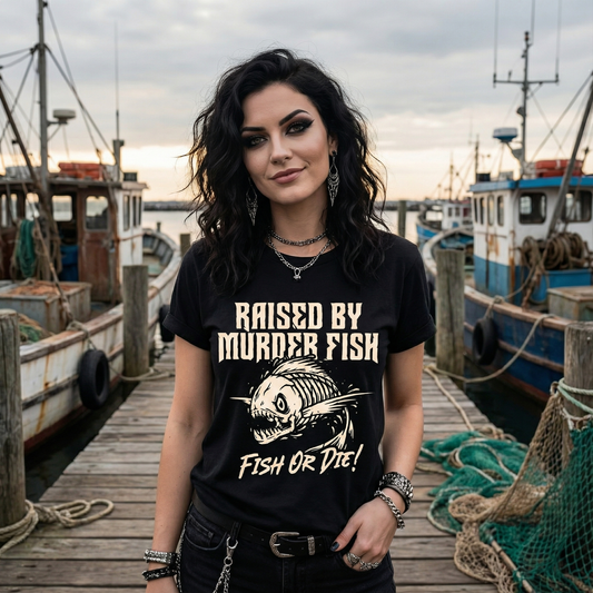 Unisex-T-Shirt aus 100 % Bio-Baumwolle. "RAISED BY MURDER FISH"
